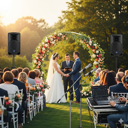 A couple exchanging vows at an outdoor wedding ceremony with professional microphones and speakers visible.